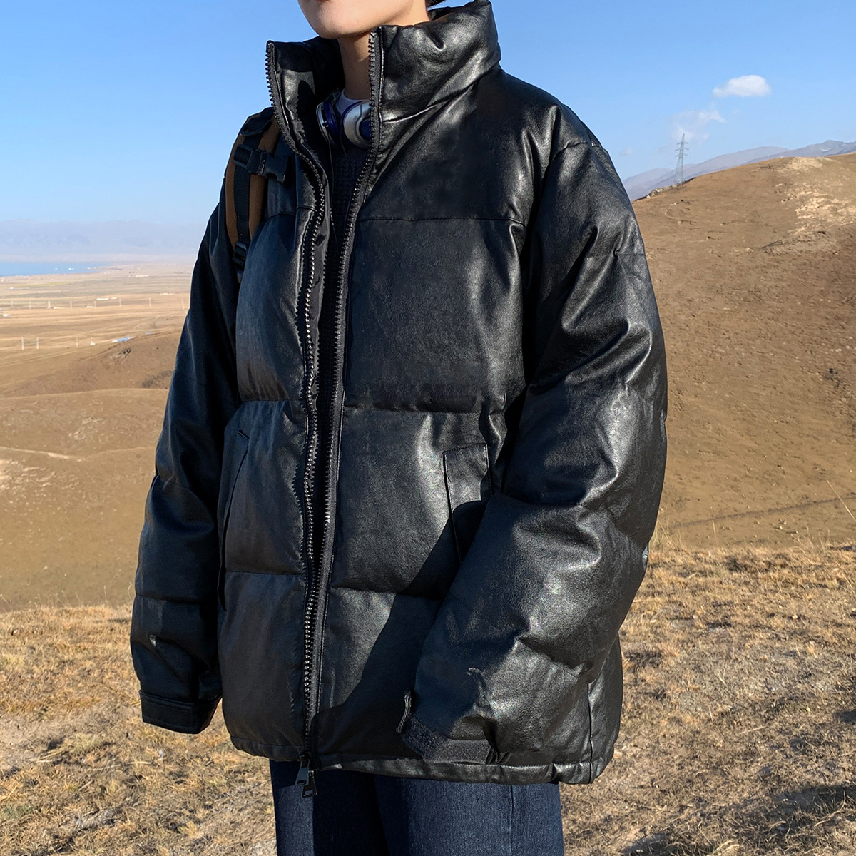 Cappotto in pelle PU di cotone alla moda in tinta unita da uomo, con colletto alto, invernale 2020_voghion.com