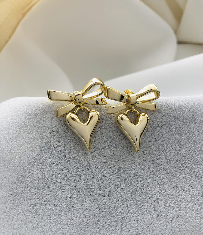 Copper Ear Needle Material 1 Pair Simple Style Heart Shape Bow Knot Copper 18K Gold Plated Drop Earrings