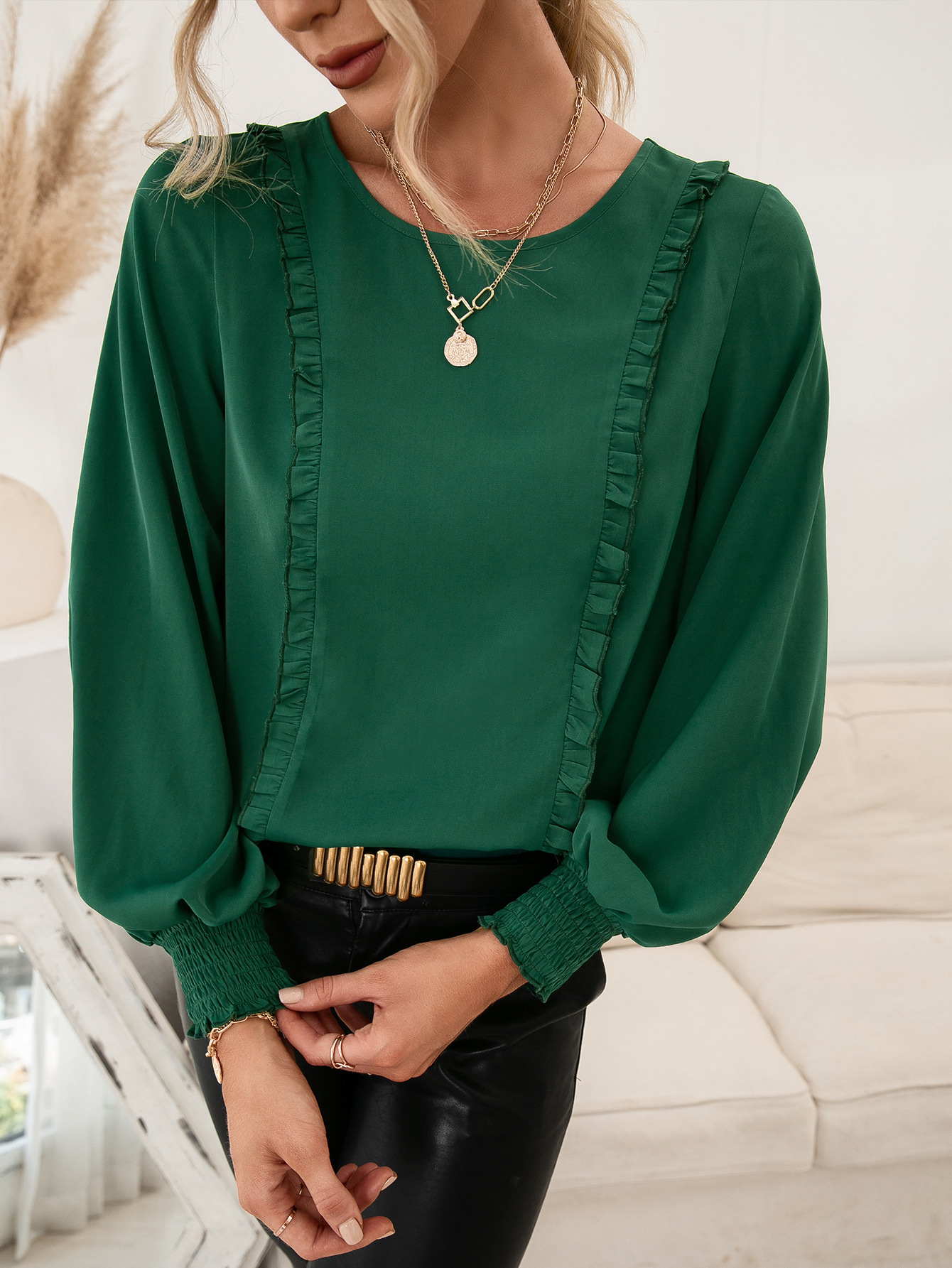 solid color stitching edge long-sleeved round neck pullover top NSYBL136704