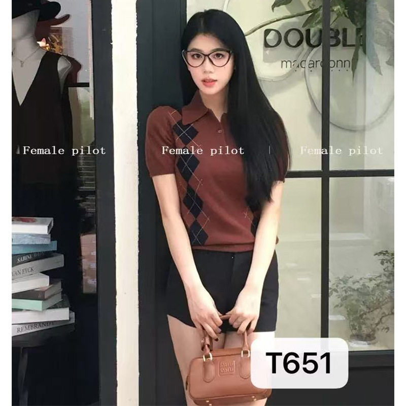 Diamond Collar Contrasting Color Short-Sleeved Versatile Elegant Polo Collar Top Women's Factory Export Cross-Border Wool Knitwear