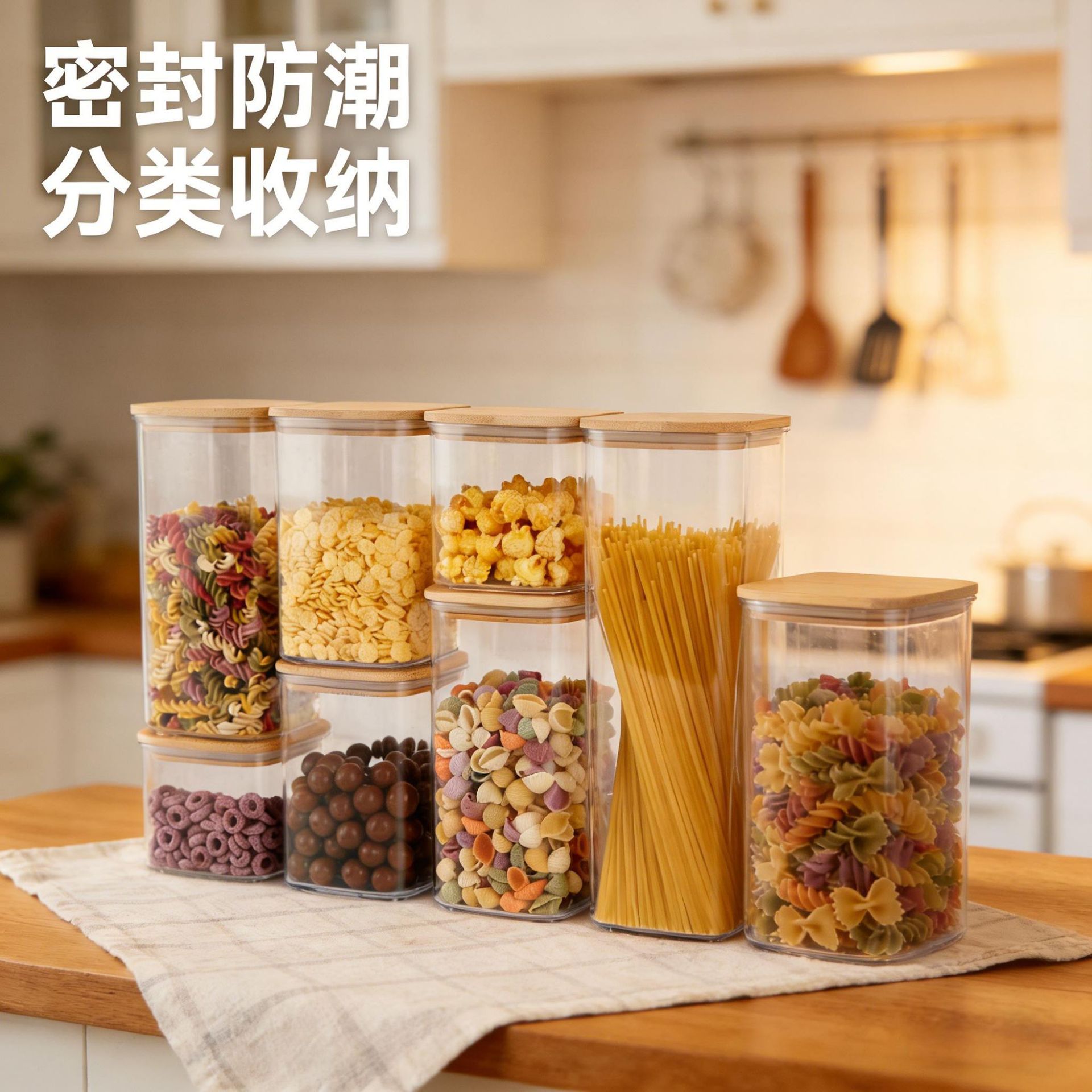Cross-Border Amazon Bamboo Lid Storage Jar Coffee Bean Square Transparent Fresh-Keeping Jar Kitchen Food Plastic Sealed Jar