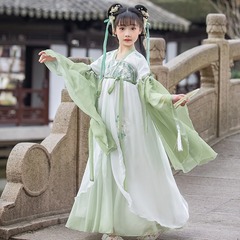 Green Hanfu Girl, Chinese Style Children's Ancient Costume Tang Suit, Ethereal Ruffle Skirt Summer Dress for Girls, Ancient Style Wide-Sleeve Hanfu Skirt