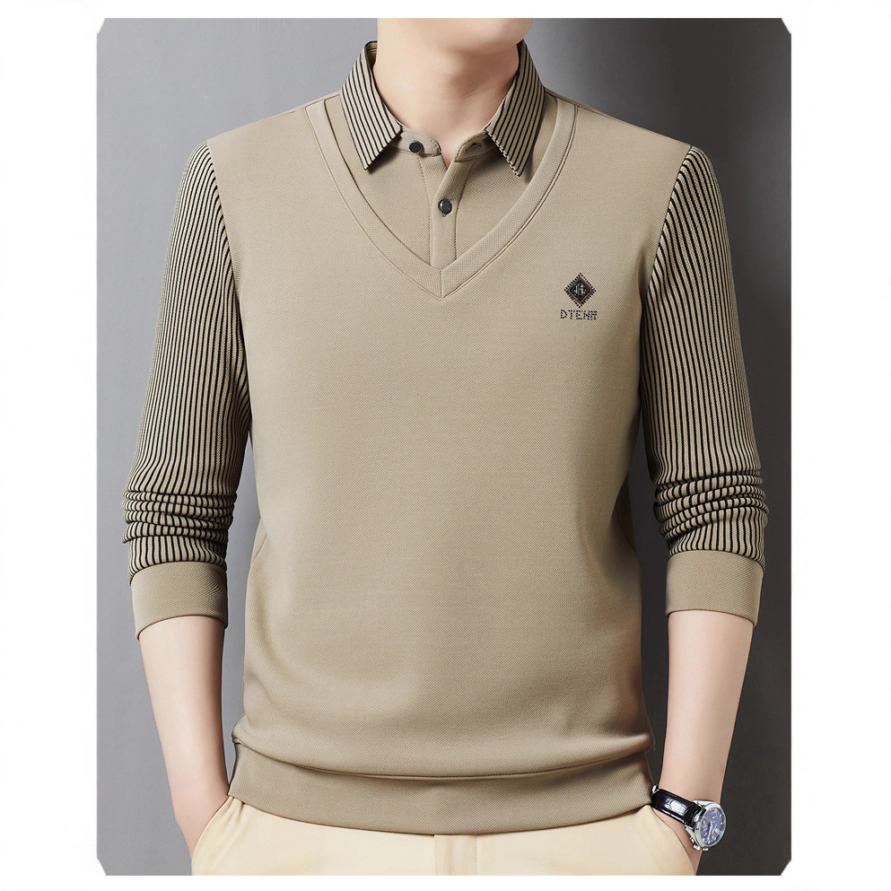 抖音爆款秋假两件衬衫领打底衫男2025秋季高档上衣T恤 一件代发