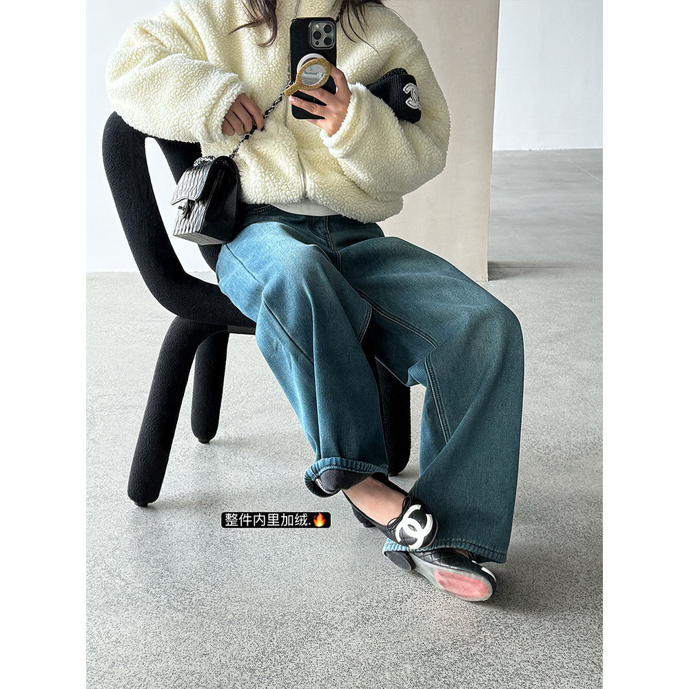 【王琪芝】复古宽松阔腿牛仔裤女显瘦高腰加绒水洗拖地长裤WQ093