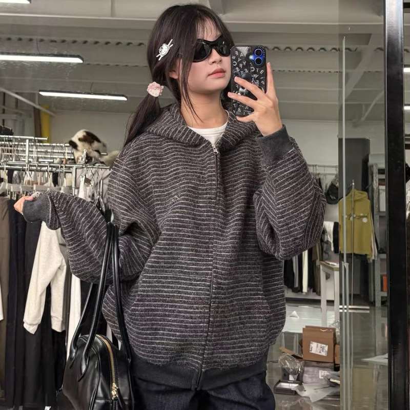 美式复古条纹连帽开衫卫衣女2025秋季新款潮牌宽松小众慵懒风外套|undefined