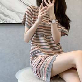 法式小香风连衣裙女春夏撞色冰丝针织裙圆领薄款直筒运动卫衣裙子