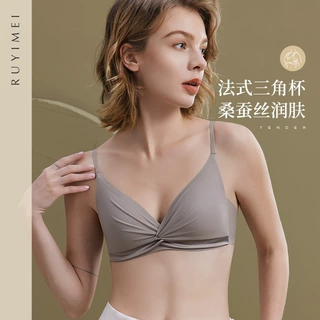 定制100%桑蚕丝内里法式三角杯聚拢内衣女大胸显小防下垂薄款文胸