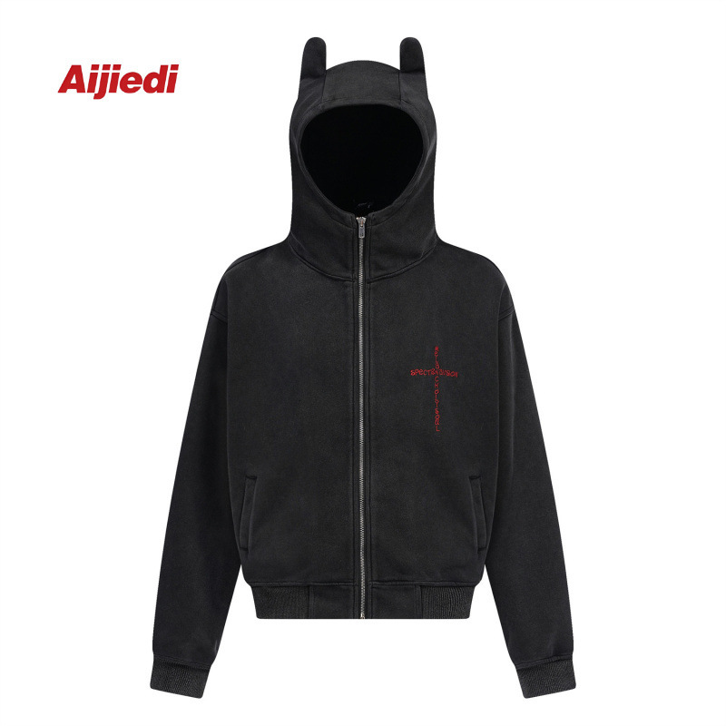 American Street Style Washed Vintage Cross Embroidery Hooded Cardigan Sweatshirt Unisex Loose Fit Unique Zipper Jacket Long Sleeve