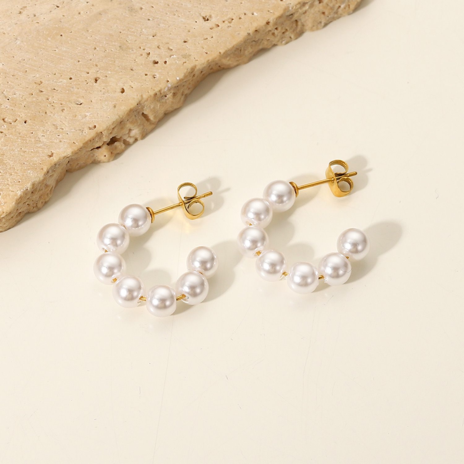 simple 20mm large pearl Cshaped 18K goldplated stainless steel earringspicture4