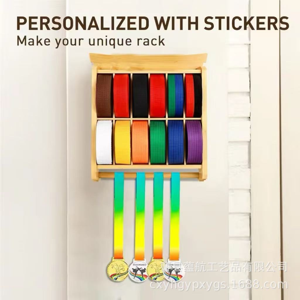 Wooden Taekwondo Belt Display Rack Home Wall-mounted Trophy Medal Multi-grid Karate Belt Storage Rack