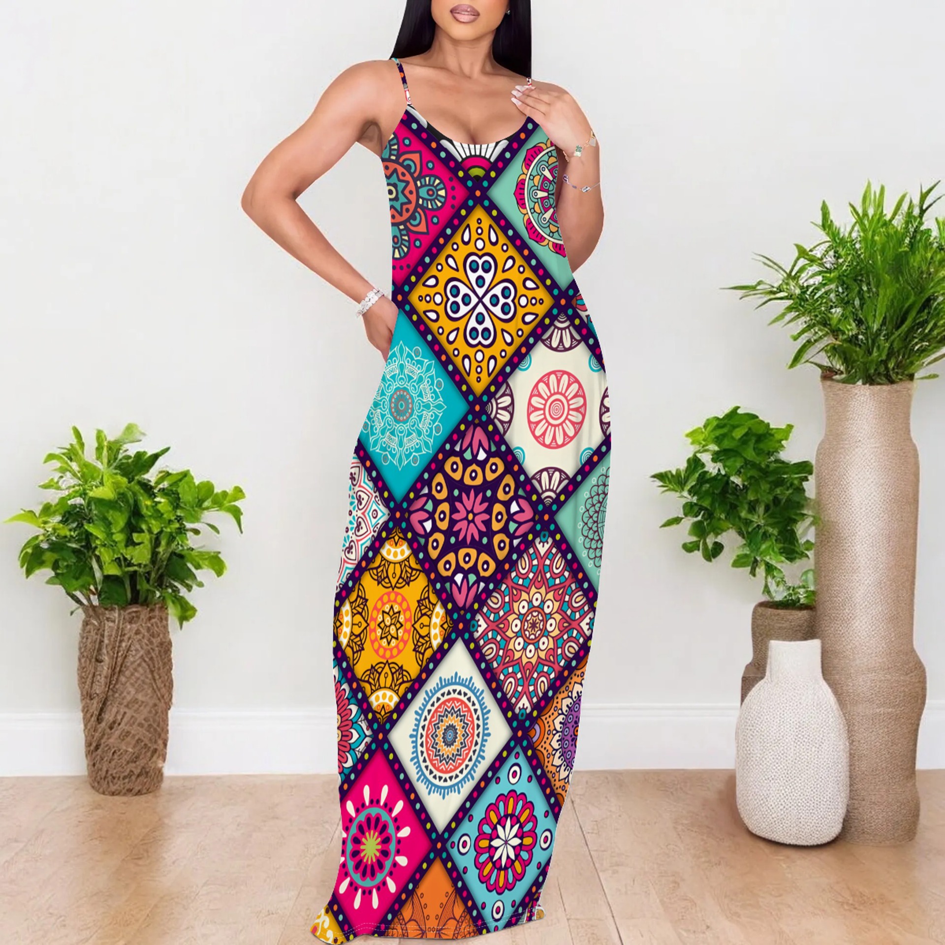 亚马逊热卖批发欧美黑人连衣裙波西米亚风带口袋吊带长裙H2012