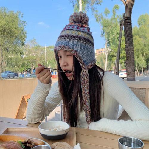 Nationally Inspired Striped Patchwork Retro Knit Wool Hat for Women, Long Braid, Winter Warmth Ear Protection, Lei Feng Hat, Makes Face Look Smaller