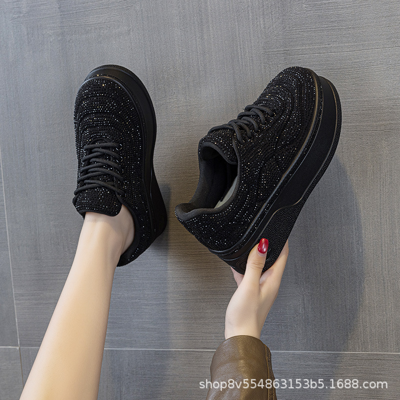 X6-122 Women's white sneakers, new style, hollow design, round toe, rhinestone embellishments, breathable, thick sole, inner height-increasing, casual, soft sole