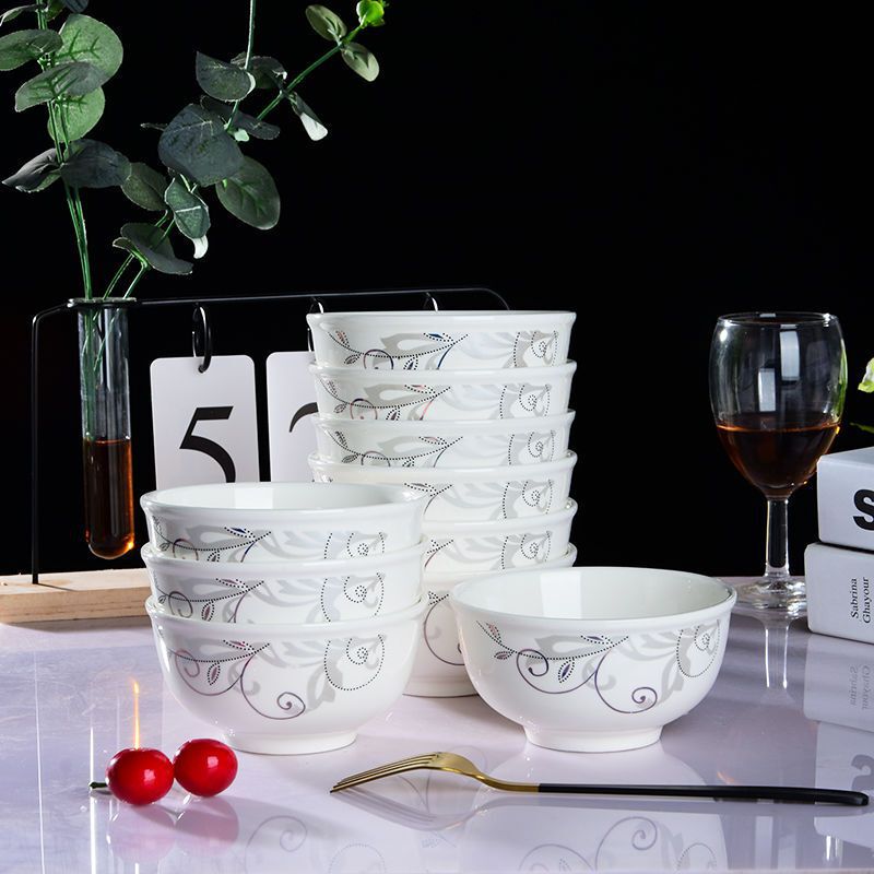 Ceramic Household Chinese-Style Simple Bowl 4.5/ 5inch Combination Set Tableware Ceramic Rice Bowl Small Porcelain Bowl Factory Wholesale