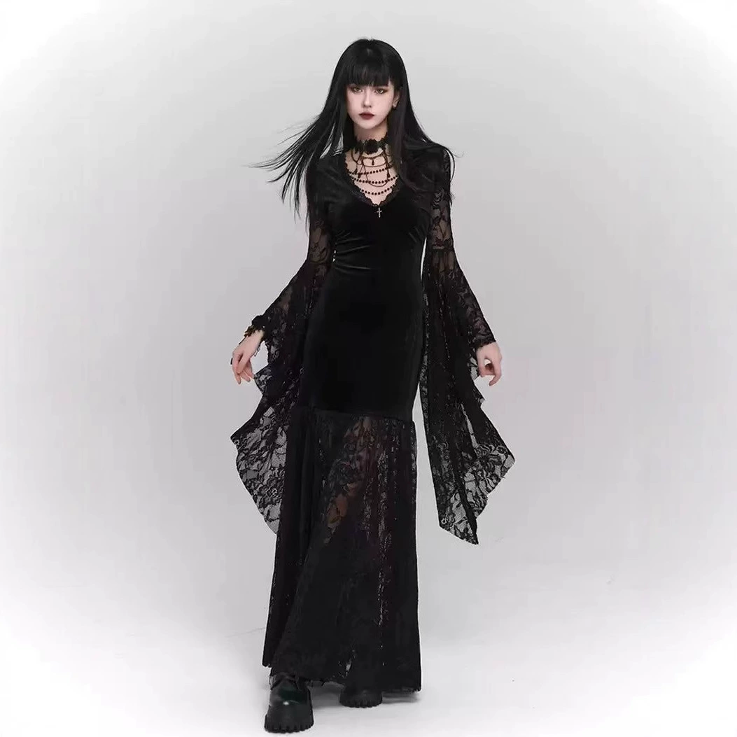 Тёмное женское готическое платье в стиле французского ретро, костюм на Хэллоуин, одежда для субкультуры, однотонная длинная юбка