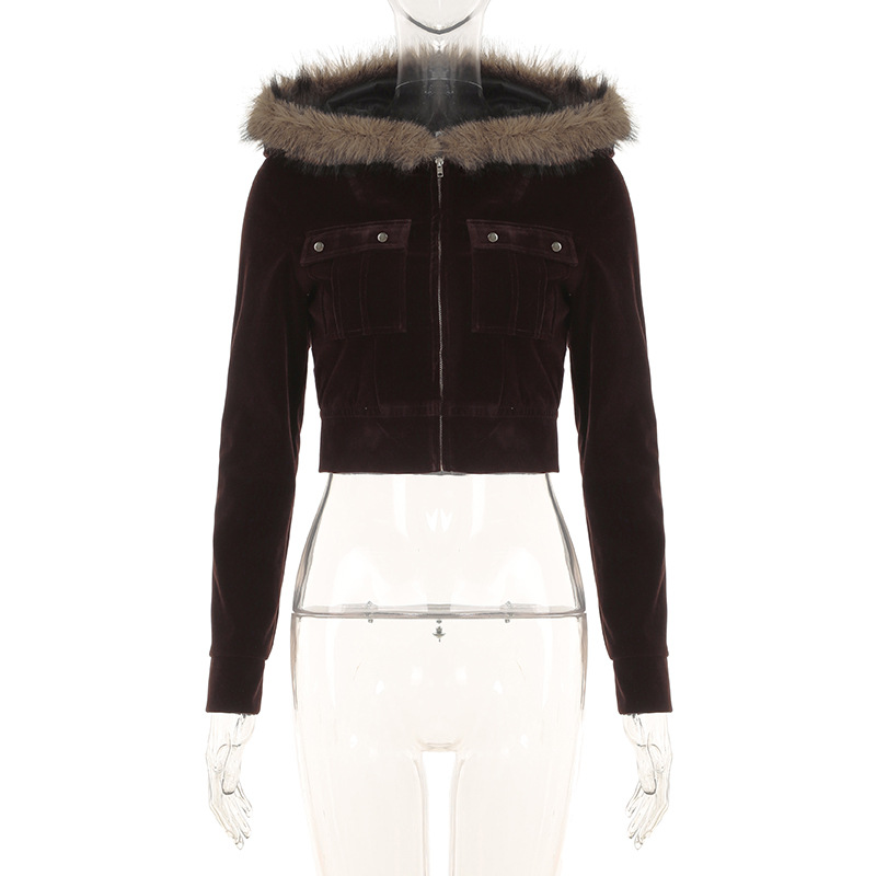 Women Fur Stitching Hooded Zip Cardigan Pocket Design Jacket Autumn Winter Solid Color Sexy Velvet Coat