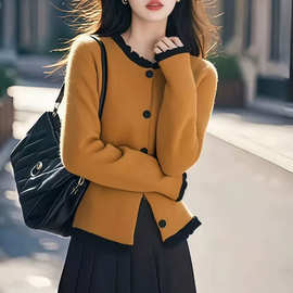 撞色花边领开衫毛衣外套女2025新款冬季时尚减龄洋气宽松针织上衣