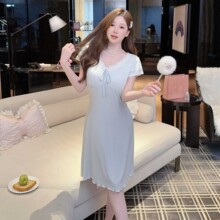 睡裙女夏季莫代尔棉蕾丝舒适甜美风可外穿短袖中裙胸棉家居服