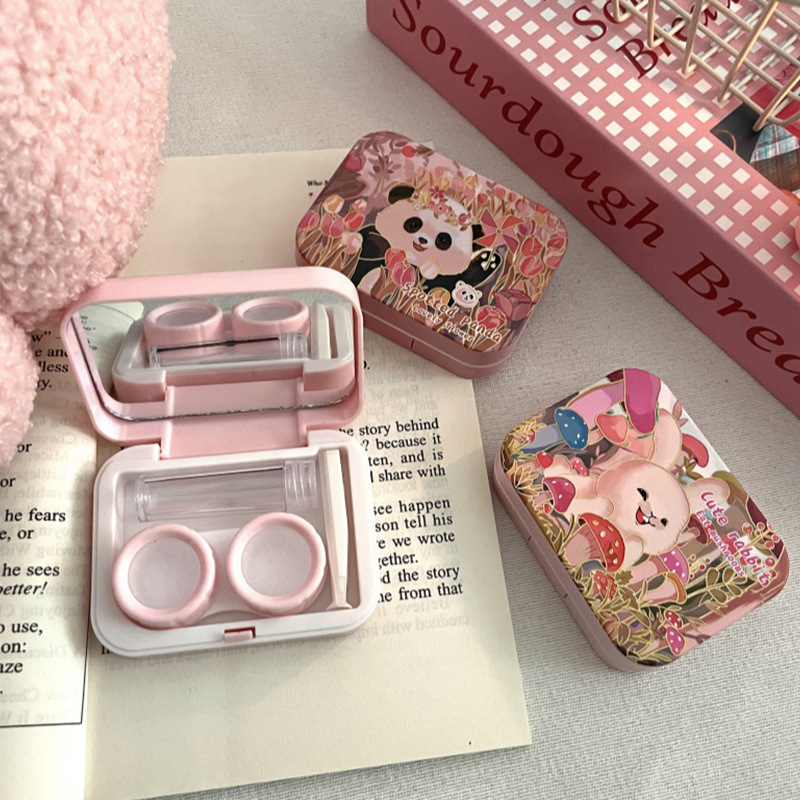 Cute cartoon small rabbit beauty contact lens case storage box women's portable double-sided companion box panda