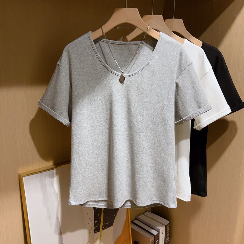 40-Count Cotton [92% Cotton, 8% Spandex] 100kg Plus-Size Women's Summer New Round-Neck Short-Sleeve Pure Cotton T-Shirt Top