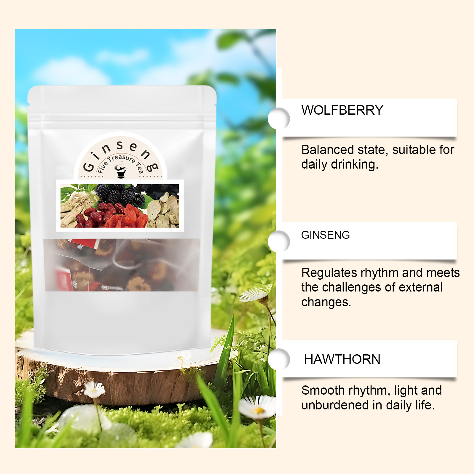 Ginseng Five Treasure Tea Ren Shen Wu Bao Cha 20 Teabags 100g Daily Herbal Tea specifications