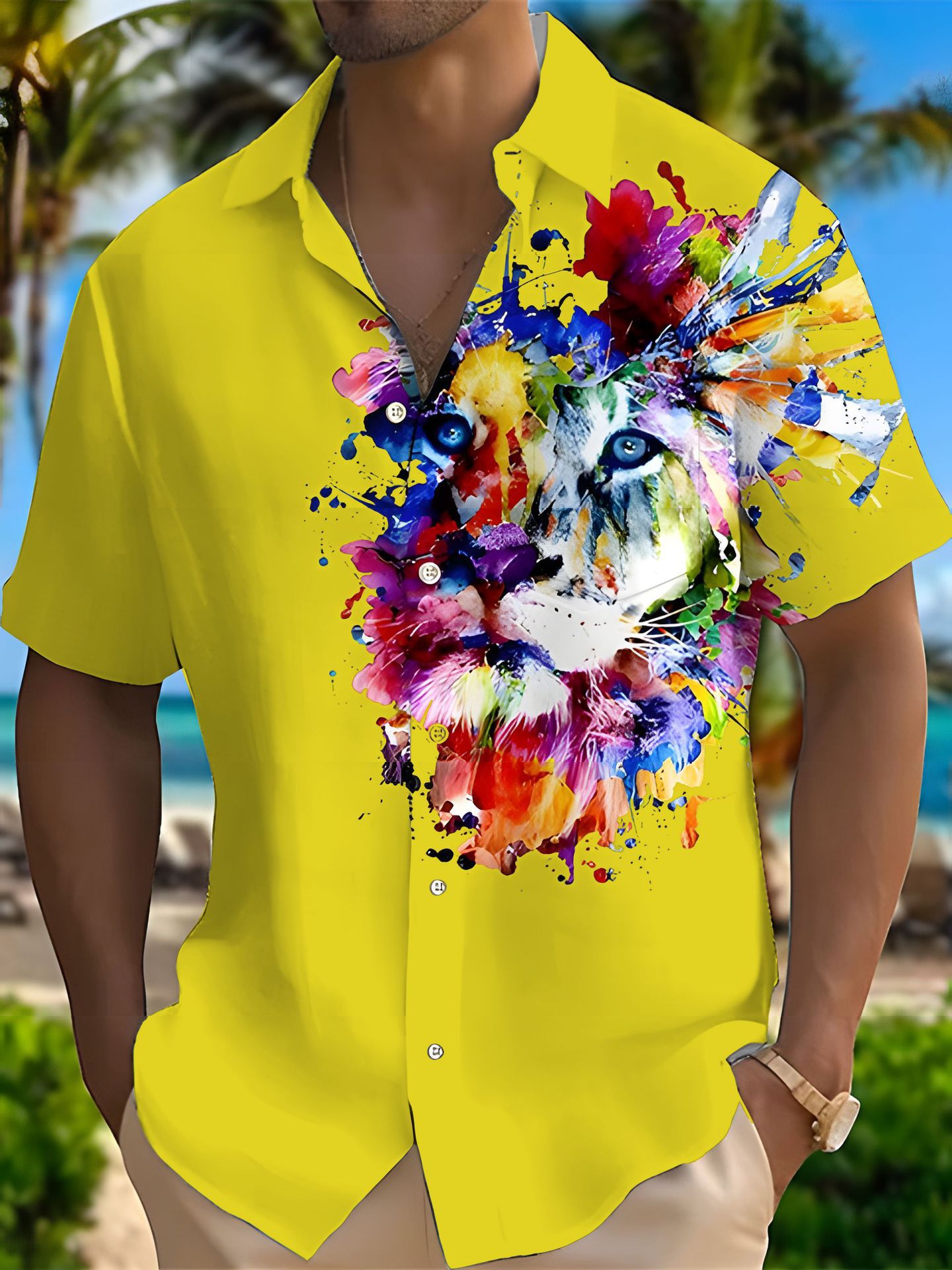 Camisa Camisa transfronteriza Coconut Tree Europa y América 2024 Nuevo estilo Hawaiian explosivo casual 3D manga corta impresión de manga corta