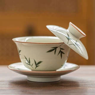 草木灰手绘三才盖碗茶杯悬停盖碗全套陶瓷单个泡茶碗中式茶具茶盏