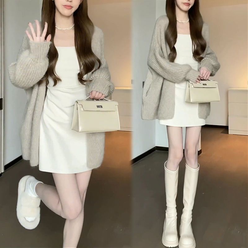 (2개) 2024 가을과 겨울 새로운 게으른 스타일 밀크 후드 니트 카디건 재킷 슬리밍 허리 우아한 부드러운 슬립 스커트