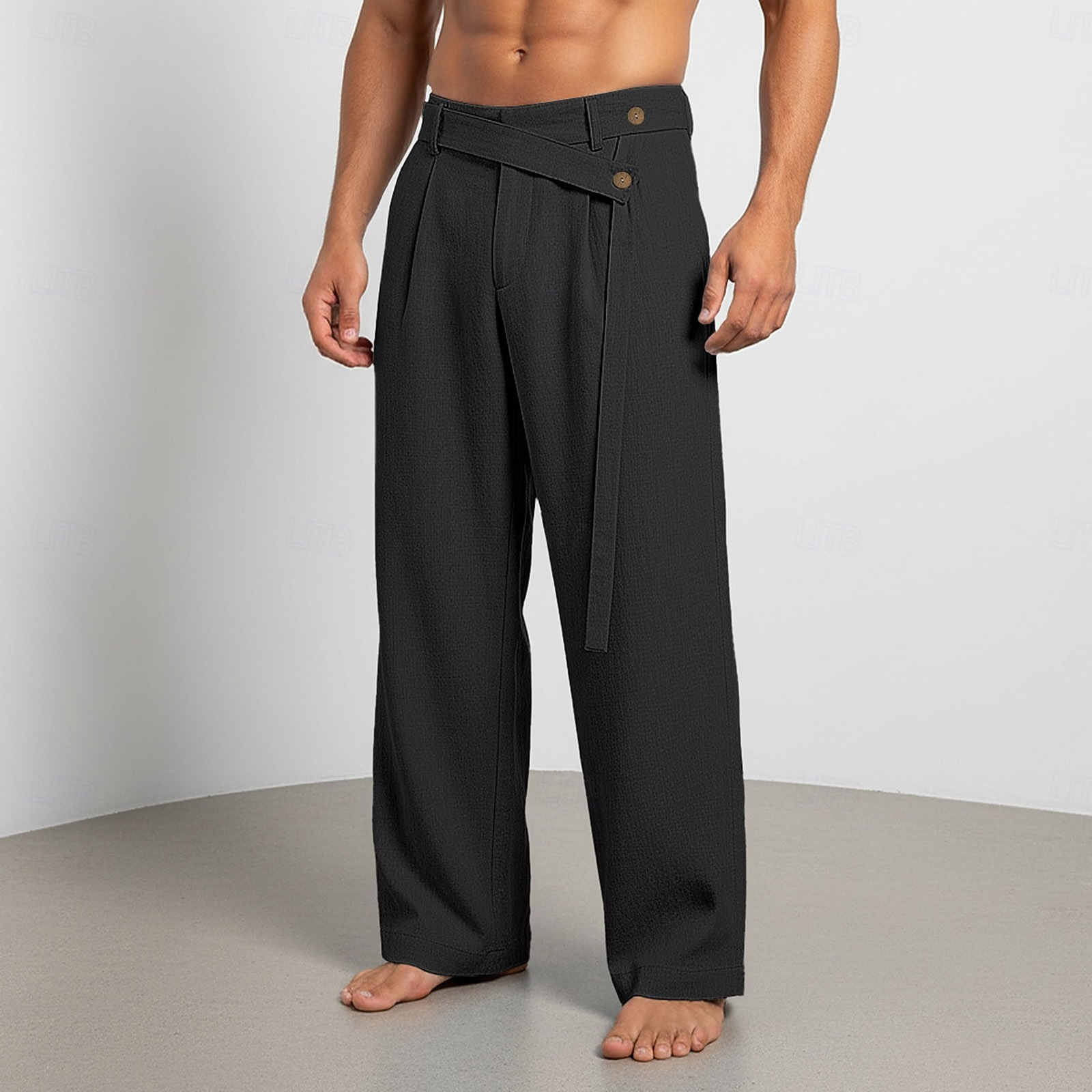 Men's Solid Color Linen Pants Simple Loose Fit High End Straight Leg Casual Midweight Polyester Long Trousers_viptrois.com