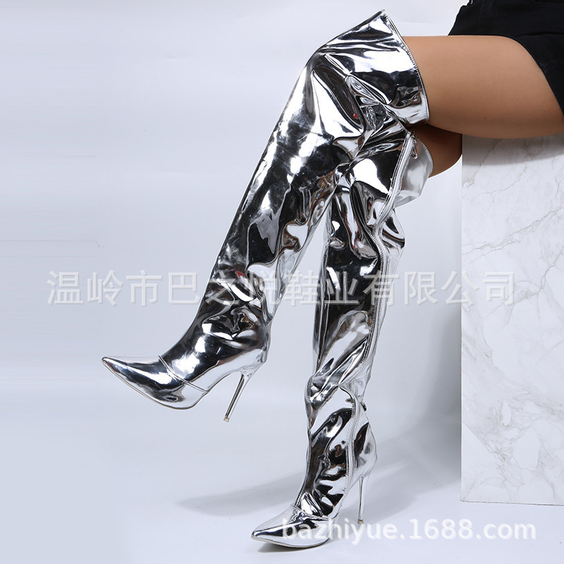 2021 Autumn New Aliexpress Amazon Silver Over-The-Knee Boots European and American Style Stiletto High Heels Size 43