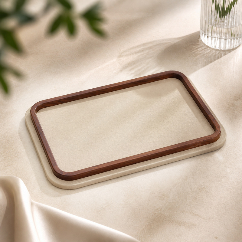 Light Luxury High-End Solid Wood Walnut Leather Tray Rectangular Tea Tray for Homestay Tea Room Display and Storage Decoration