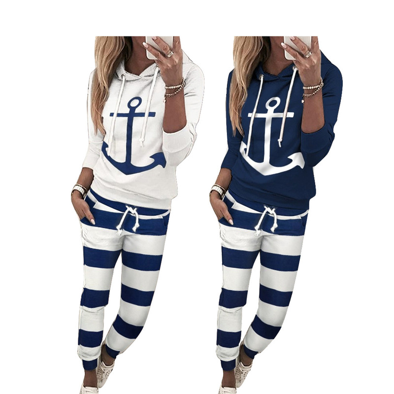H148 European and American Autumn and Winter Style Special Printed Navy Long Anchor Printed Sweatshirt Casual Sports Home Ladies Suit