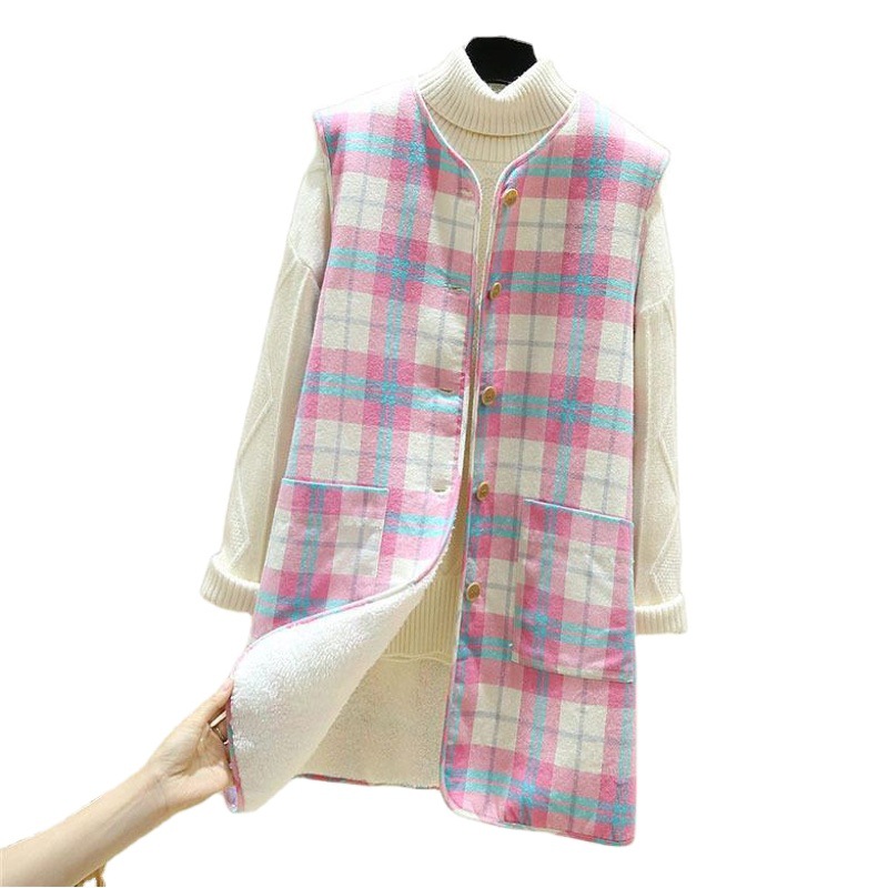 2021 Otoño e Invierno chaleco forrado de lana de cordero engrosado estilo coreano chaleco a cuadros suelto chaleco largo abrigo cálido para mujeres