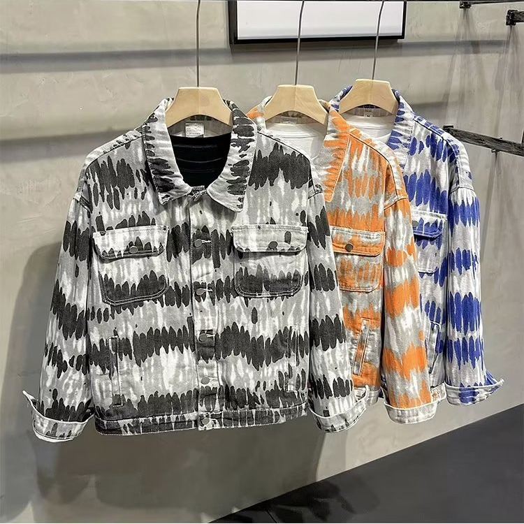 Men's Clothing retro distressed washed colorblock denim jacket men's street bf loose casual handsome coat_voghion.com