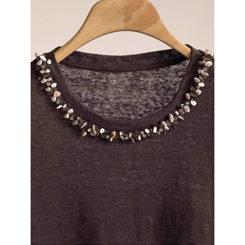 Unique and Beautiful Heavy-Duty Coffee-Colored Beaded Short-Sleeved T-Shirt Women's Tops Summer 2025 New Thin Style Accessible Luxury and High-End Sense