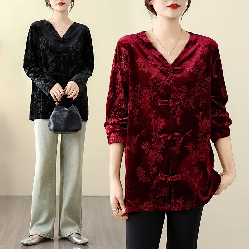 Real Shot of Middle-Aged and Elderly Large Size Spring & Fall Gold Velvet Loose Plus Fat Mid-Length Chinese Style Long-Sleeved Tops