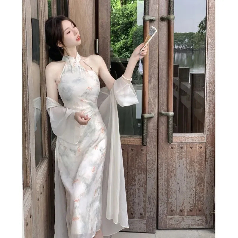 2025 New Early Spring Chinese Style Improved Cheongsam Daily New Chinese Style Morning Robe Halter Dress Women's Suit Petite