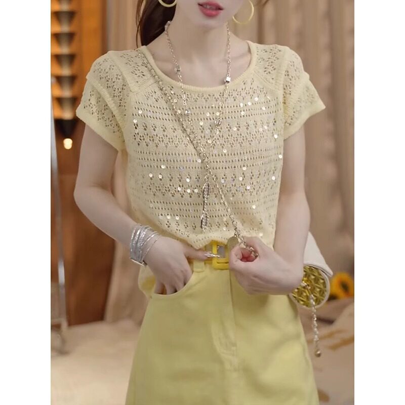 Sequin Hollow-Out Ice Silk Knit Top for Women, 2026 Summer New Short-Sleeve T-Shirt, Fashionable Design, Niche Short Top