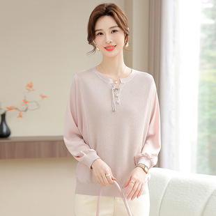 Spring and Autumn New 2025 Round Neck Pullover Casual Top Stitching Knitted Shirt Long Sleeve Women's Western Style Top