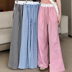 クロスボーダー格子柄ストレートカジュアルパンツ レディース 秋 ハイウエスト ドローストリング ワイドレッグパンツ 夏 ドレープ感 万能パンツ 脚長効果