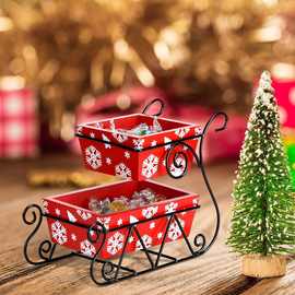 跨境木制圣诞老人雪橇托盘双层桌面糖果托盘木制桌面零食盘