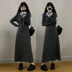大码女装胖mm新款学院灰调领结拼条纹衬衣领连衣裙