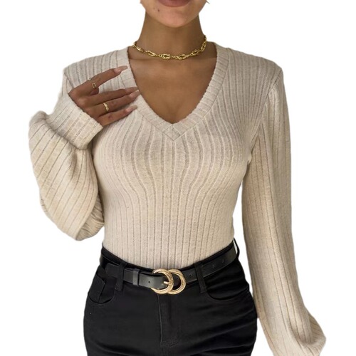 Specially designed, elegant-style brushed-look ribbed fabric with lantern sleeves—long-sleeved V-neck knitted bodycon top that flatters and creates a slimming effect.