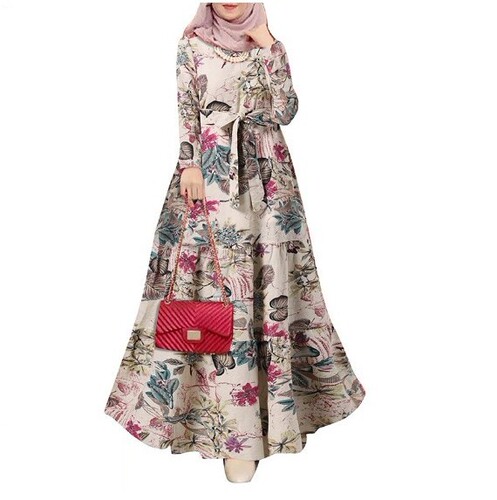 AliExpress Muslim Street Fashion Long-Sleeve Round Neck Print Elegant Loose Dress