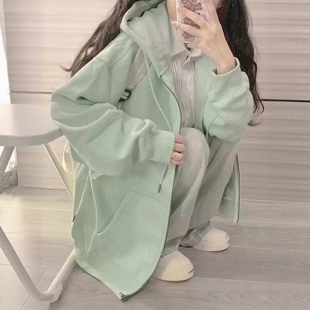 山东即墨卫衣上衣女春秋bm穿搭2025新款拉慵懒风链宽松连帽外套女