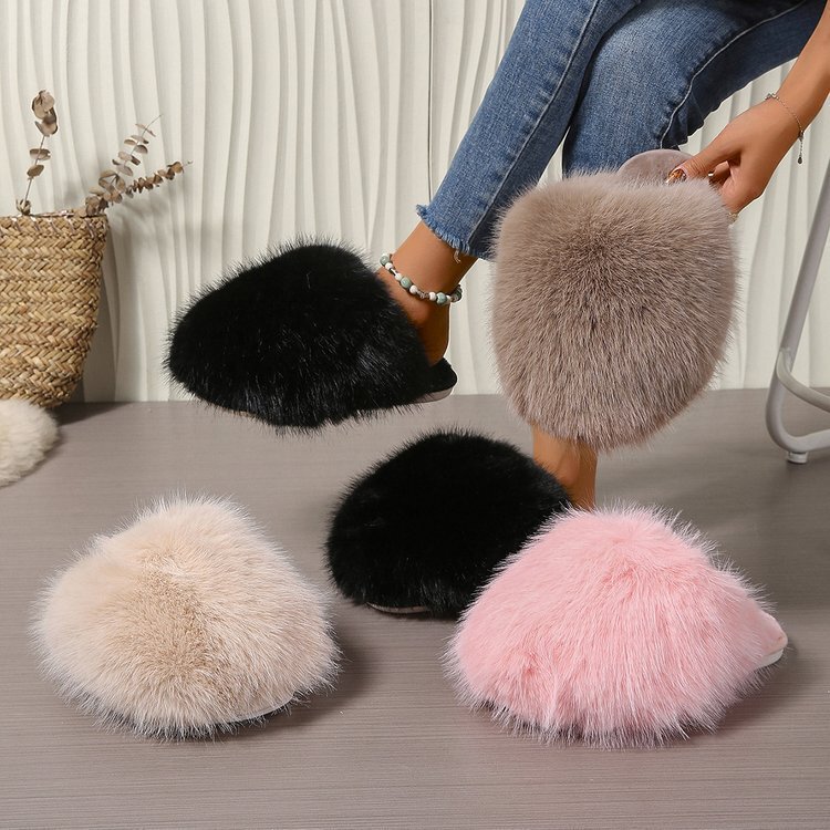 Cross-Border Large Size Solid Color Fluffy Plush Slippers with Soft Soles, Flat Winter Closed-Toe Home Warm Export Cotton Slippers