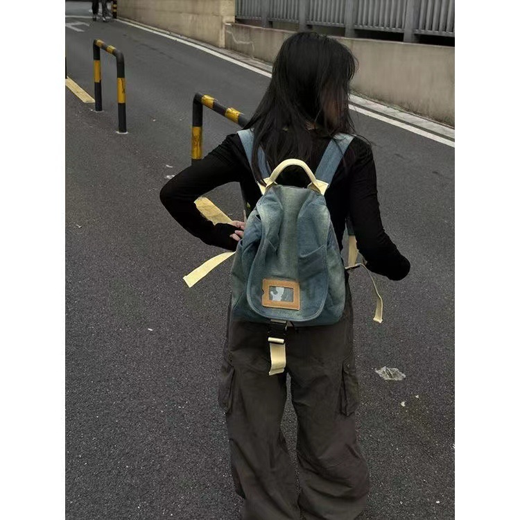 Homemade new fashionable washed contrasting denim carrying backpack, simple and casual commuting large capacity backpack_voghion.com