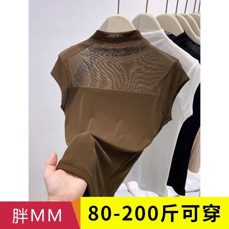 Lace Mesh Short-sleeved T-shirt Women's Summer 2025 New Half-high Neck Spice Girls Hollow-out Slimming Inner Base Shirt Top