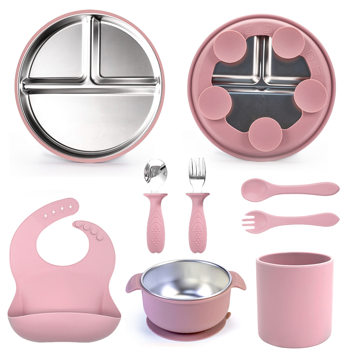 Plato de comida para niños cuenco de ventosas de silicona para bebés cuenco de alimentos suplementarios 304 plato de acero inoxidable para bebés con platos de comidas de ocho piezas