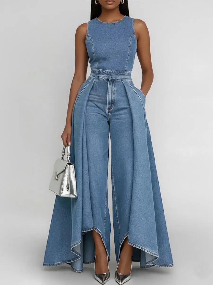 Mono denim mujer sin mangas cuello redondo corte holgado pierna ancha_voghion.com